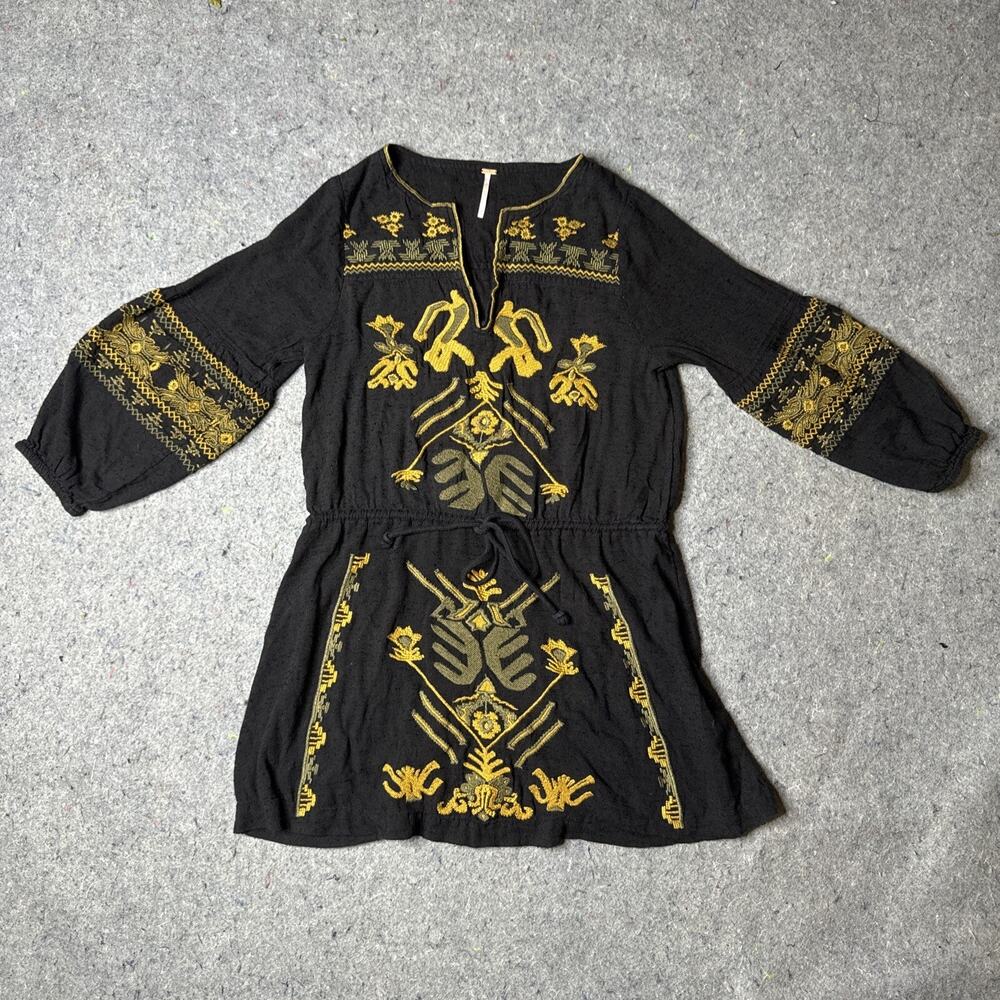 Free People Embroidered Black Mini Dress Boho Tunic Romantic Festival XS